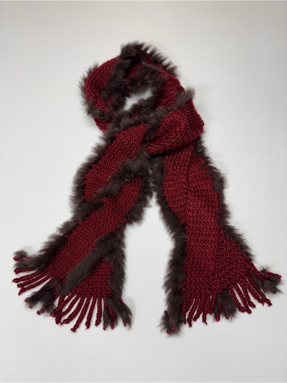Cozy Red Knit Scarf with Brown Faux Fur Trim